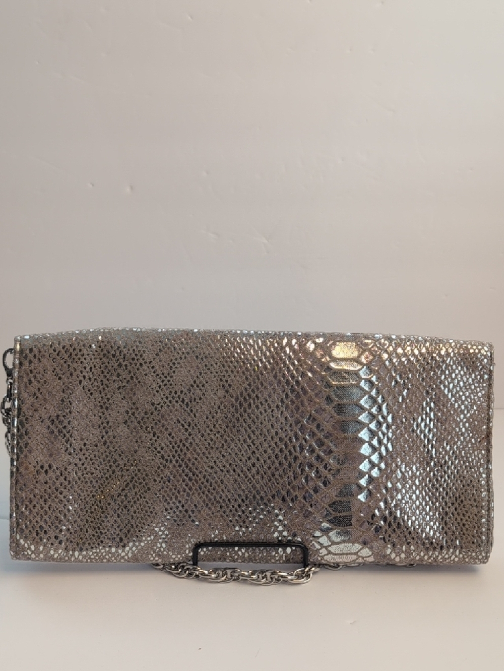 White House Black Market Silver Snake-Embossed Chain Clutch - Picture 4 of 14
